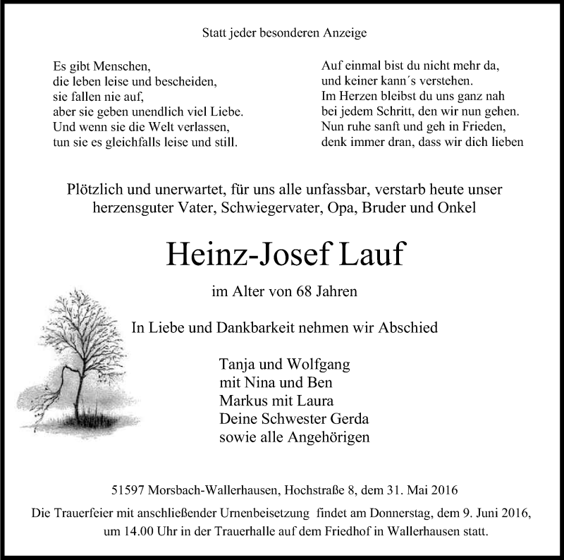  Traueranzeige für Heinz-Josef Lauf vom 04.06.2016 aus Kölner Stadt-Anzeiger / Kölnische Rundschau / Express