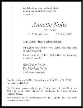 Anzeige von Annette Nolte von Kölner Stadt-Anzeiger / Kölnische Rundschau / Express