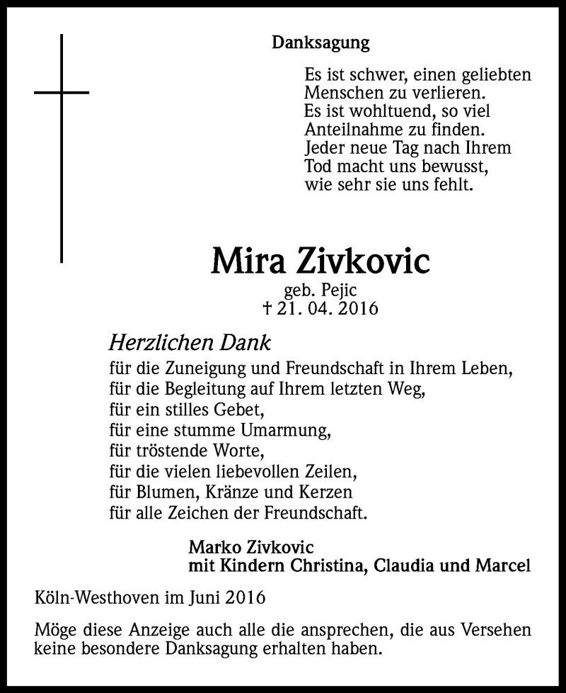  Traueranzeige für Mira Zivkovic vom 25.06.2016 aus Kölner Stadt-Anzeiger / Kölnische Rundschau / Express