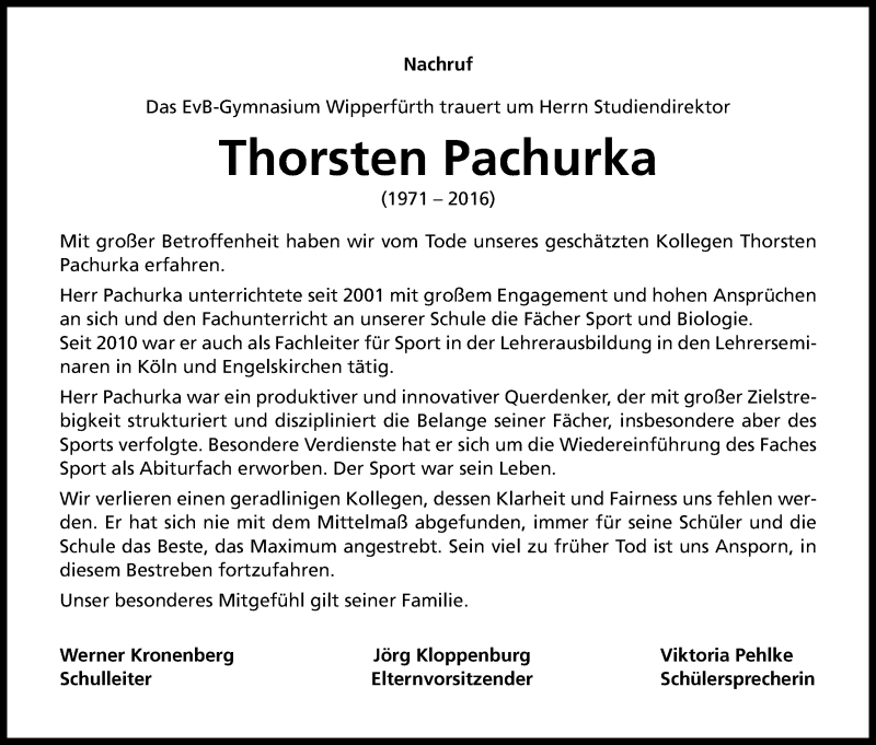  Traueranzeige für Thorsten Pachurka vom 08.06.2016 aus Kölner Stadt-Anzeiger / Kölnische Rundschau / Express