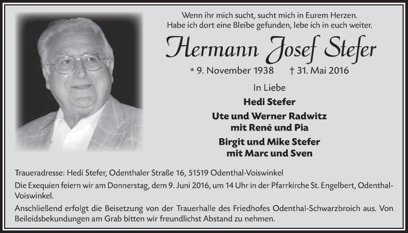  Traueranzeige für Hermann Josef Stefer vom 08.06.2016 aus  Bergisches Handelsblatt 