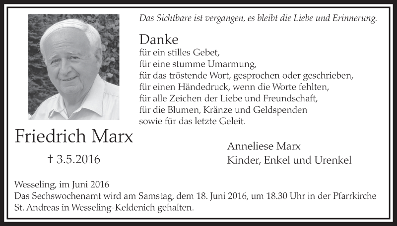  Traueranzeige für Friedrich Marx vom 15.06.2016 aus  Schlossbote/Werbekurier 