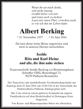 Anzeige von Albert Berking von  Wochenende 