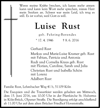 Anzeige von Luise Rust von Kölner Stadt-Anzeiger / Kölnische Rundschau / Express