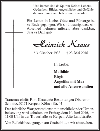 Anzeige von Heinrich Kraus von  Sonntags-Post 