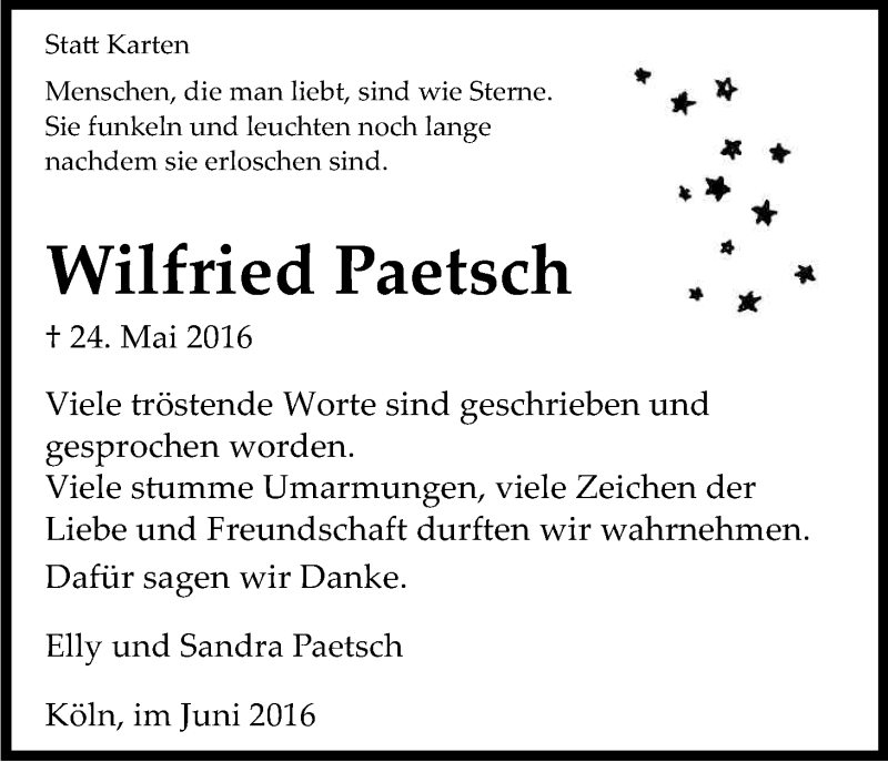  Traueranzeige für Wilfried Paetsch vom 11.06.2016 aus Kölner Stadt-Anzeiger / Kölnische Rundschau / Express