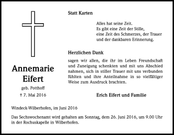 Anzeige von Annemarie ifert von Kölner Stadt-Anzeiger / Kölnische Rundschau / Express