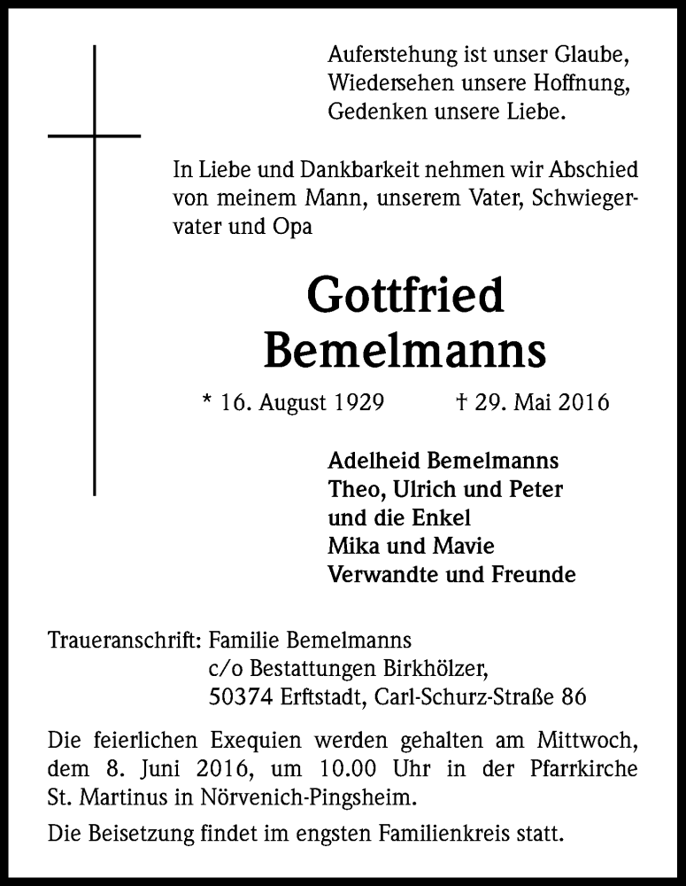  Traueranzeige für Gottfried Bemelmanns vom 04.06.2016 aus Kölner Stadt-Anzeiger / Kölnische Rundschau / Express