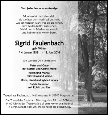 Anzeige von Sigrid Faulenbach von  Anzeigen Echo 