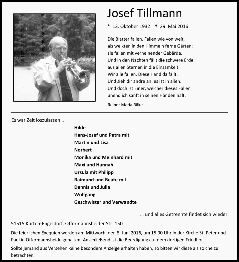  Traueranzeige für Josef Tillmann vom 04.06.2016 aus Kölner Stadt-Anzeiger / Kölnische Rundschau / Express