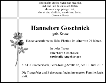Anzeige von Hannelore Goschnick von Kölner Stadt-Anzeiger / Kölnische Rundschau / Express