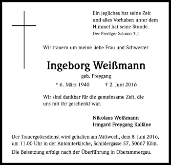 Anzeige von Ingeborg Weißmann von Kölner Stadt-Anzeiger / Kölnische Rundschau / Express