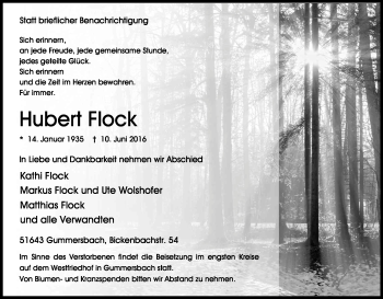 Anzeige von Hubert Flock von Kölner Stadt-Anzeiger / Kölnische Rundschau / Express