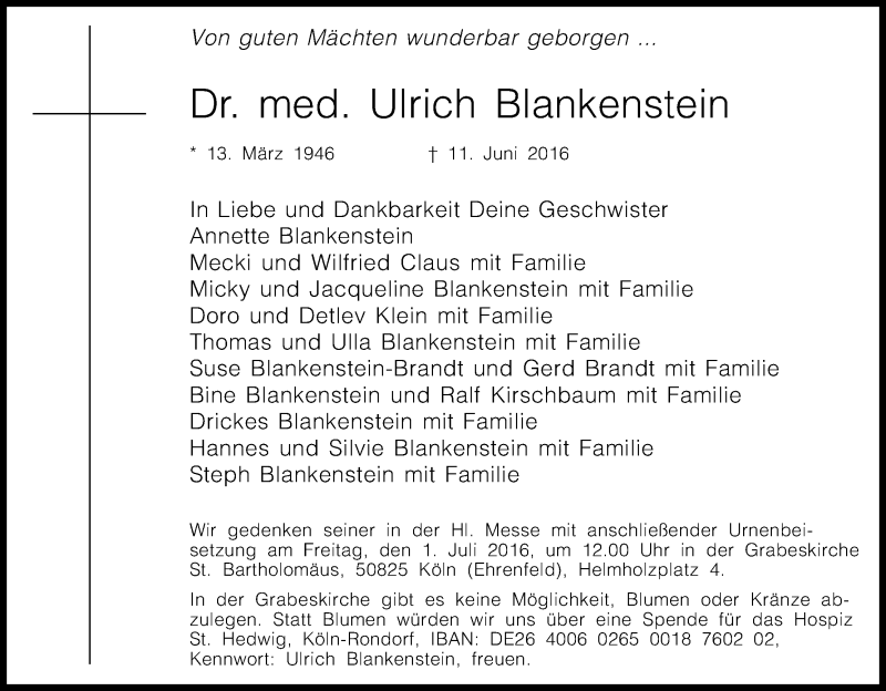  Traueranzeige für Ulrich Blankenstein vom 25.06.2016 aus Kölner Stadt-Anzeiger / Kölnische Rundschau / Express