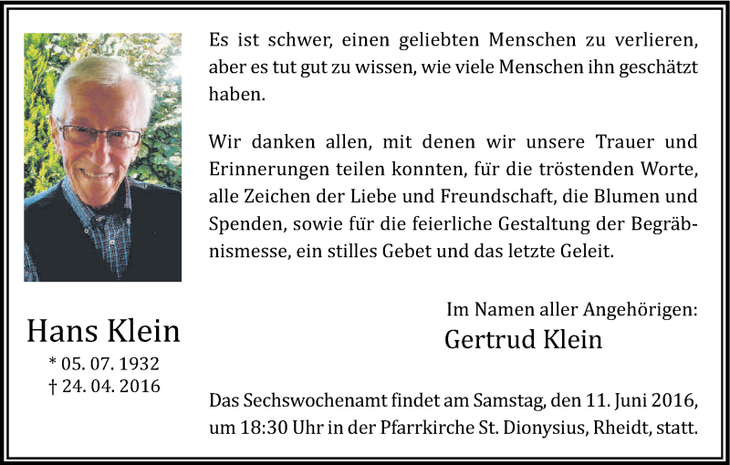  Traueranzeige für Hans Klein vom 04.06.2016 aus Kölner Stadt-Anzeiger / Kölnische Rundschau / Express