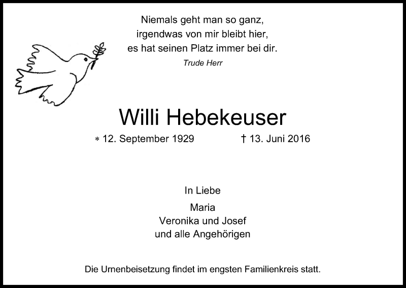  Traueranzeige für Willi Hebekeuser vom 18.06.2016 aus Kölner Stadt-Anzeiger / Kölnische Rundschau / Express