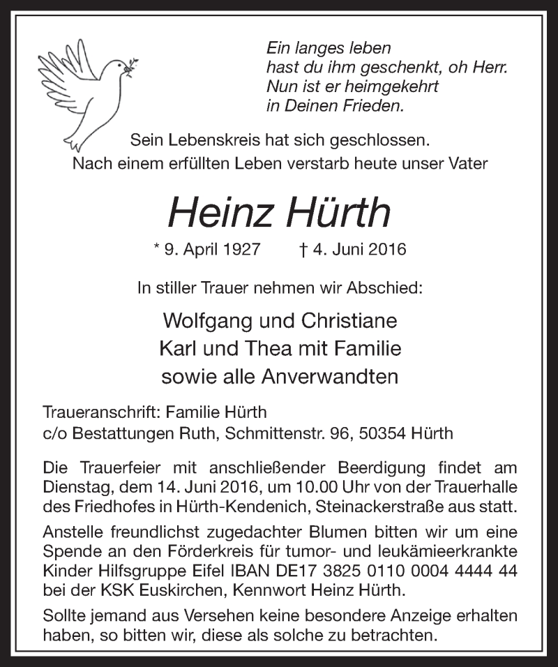  Traueranzeige für Heinz Hürth vom 08.06.2016 aus  Wochenende 