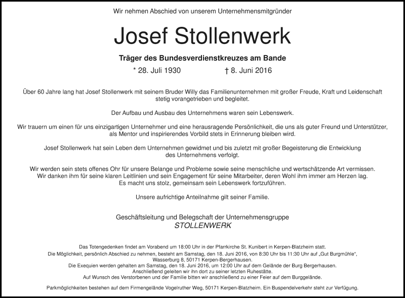  Traueranzeige für Josef Stollenwerk vom 11.06.2016 aus Kölner Stadt-Anzeiger / Kölnische Rundschau / Express