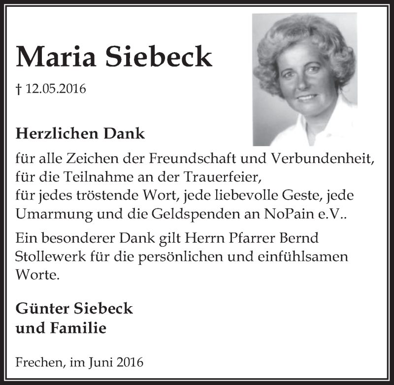  Traueranzeige für Maria Siebeck vom 22.06.2016 aus  Wochenende 