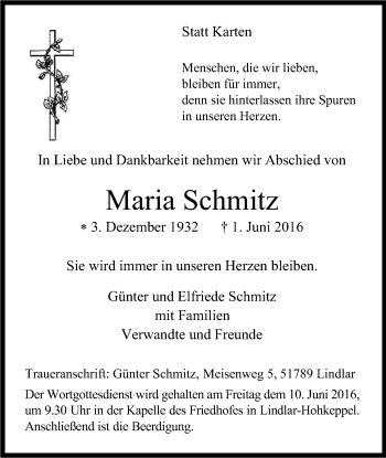 Anzeige von Maria Schmitz von Kölner Stadt-Anzeiger / Kölnische Rundschau / Express