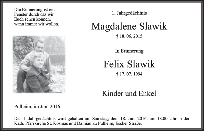  Traueranzeige für Magdalene und Felix Slawik vom 04.06.2016 aus  Sonntags-Post 