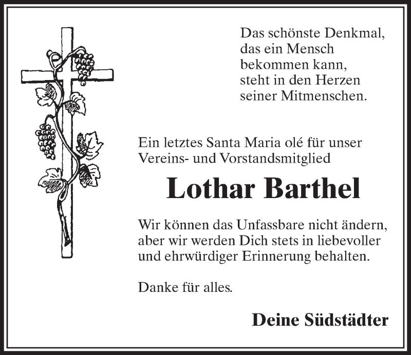  Traueranzeige für Lothar Barthel vom 15.06.2016 aus  Schlossbote/Werbekurier 
