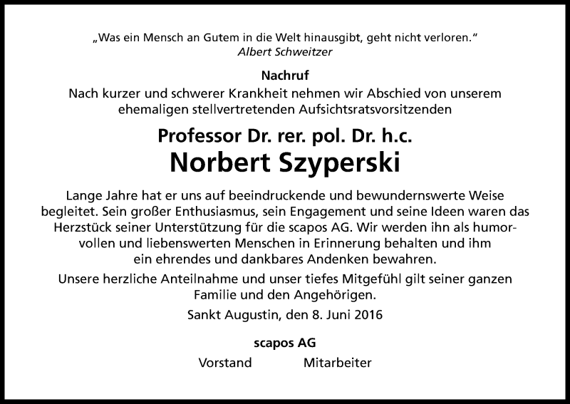  Traueranzeige für Norbert Szyperski vom 11.06.2016 aus Kölner Stadt-Anzeiger / Kölnische Rundschau / Express