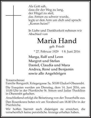 Anzeige von Maria Hand von  Sonntags-Post 