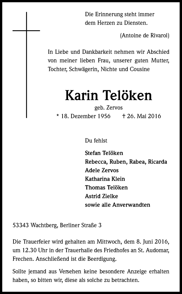  Traueranzeige für Karin Telöken vom 04.06.2016 aus Kölner Stadt-Anzeiger / Kölnische Rundschau / Express