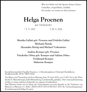 Anzeige von Helga Proenen von Kölner Stadt-Anzeiger / Kölnische Rundschau / Express