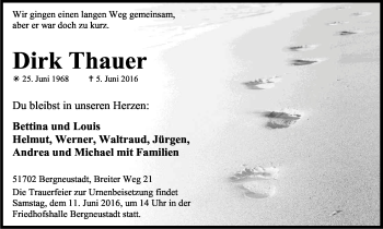 Anzeige von Dirk Thauer von Kölner Stadt-Anzeiger / Kölnische Rundschau / Express