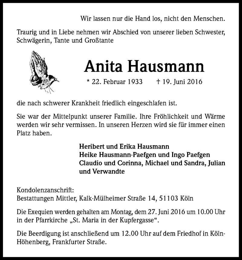  Traueranzeige für Anita Hausmann vom 23.06.2016 aus Kölner Stadt-Anzeiger / Kölnische Rundschau / Express