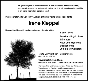 Anzeige von Irene Kleppel von Kölner Stadt-Anzeiger / Kölnische Rundschau / Express