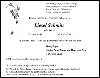 Anzeige von Liesel Schmitz von Kölner Stadt-Anzeiger / Kölnische Rundschau / Express