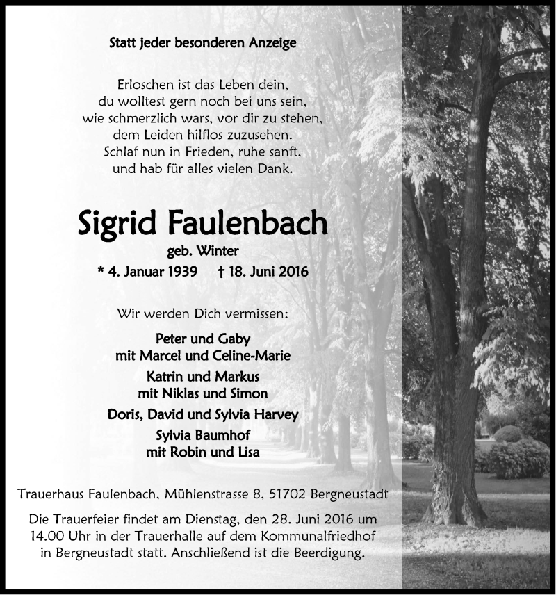  Traueranzeige für Sigrid Faulenbach vom 22.06.2016 aus  Anzeigen Echo 