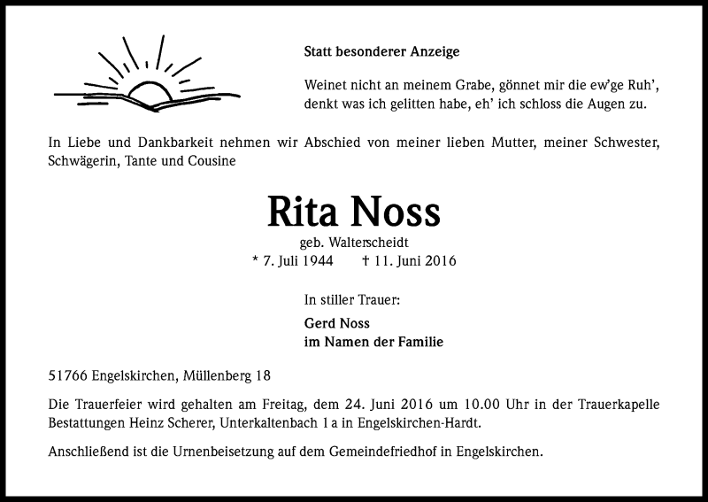  Traueranzeige für Rita Noss vom 14.06.2016 aus Kölner Stadt-Anzeiger / Kölnische Rundschau / Express