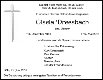 Anzeige von Gisela Dreesbach von Kölner Stadt-Anzeiger / Kölnische Rundschau / Express