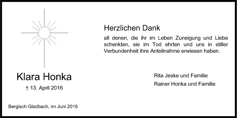  Traueranzeige für Klara Honka vom 04.06.2016 aus Kölner Stadt-Anzeiger / Kölnische Rundschau / Express