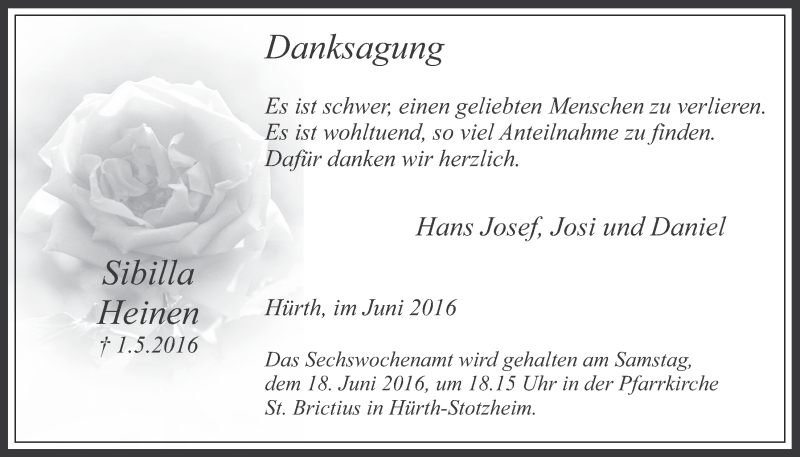  Traueranzeige für Sibilla Heinen vom 15.06.2016 aus  Wochenende 