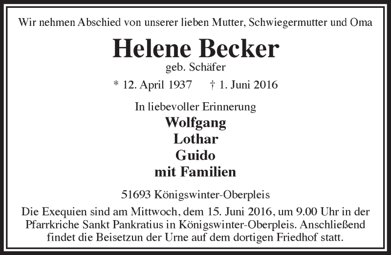  Traueranzeige für Helene Becker vom 08.06.2016 aus  Extra Blatt 