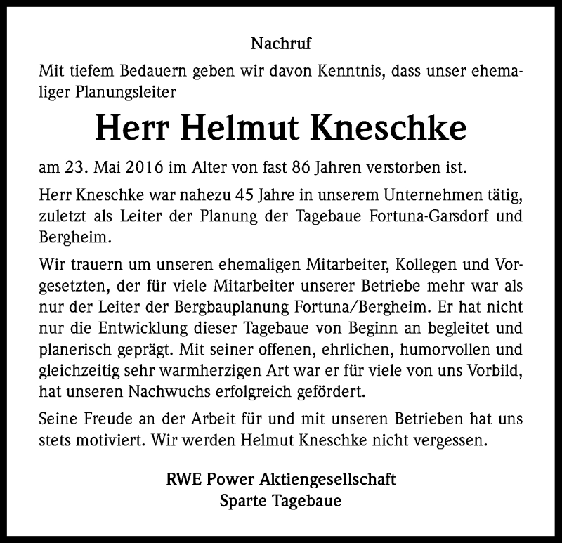  Traueranzeige für Helmut Kneschke vom 09.06.2016 aus Kölner Stadt-Anzeiger / Kölnische Rundschau / Express