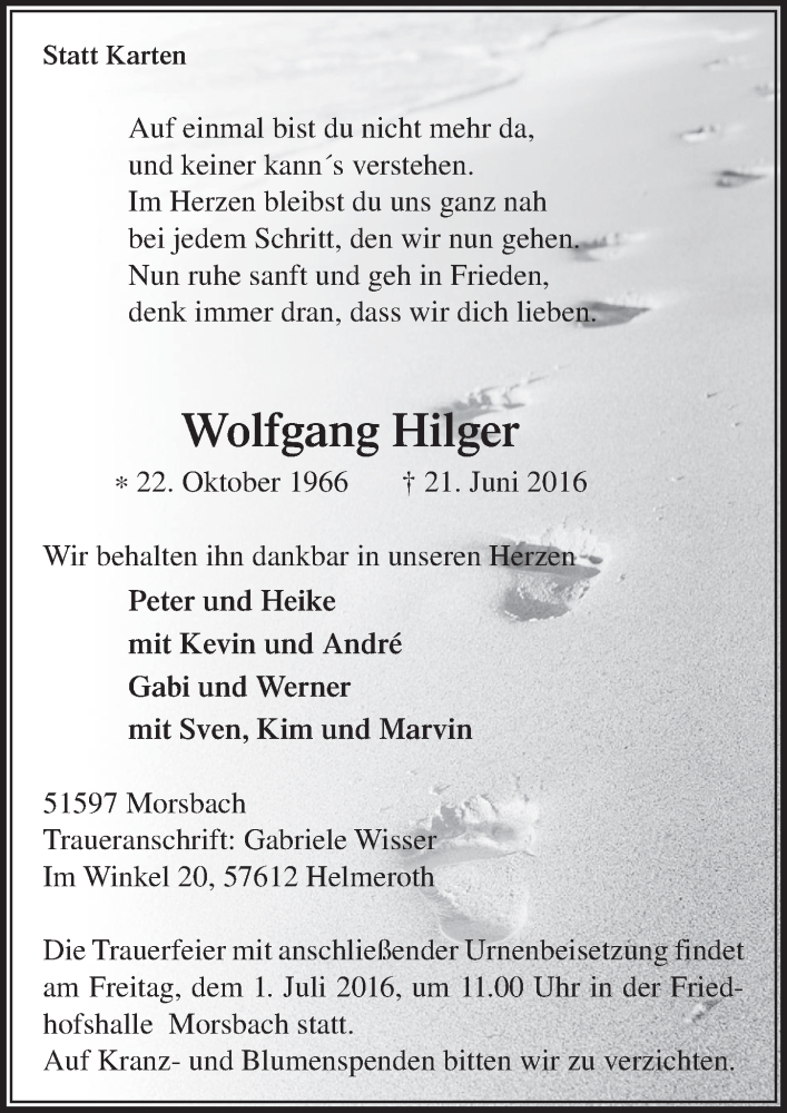  Traueranzeige für Wolfgang Hilger vom 29.06.2016 aus  Lokalanzeiger 