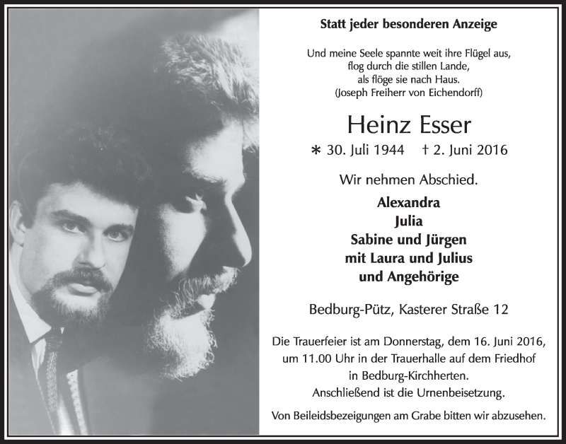  Traueranzeige für Heinz Esser vom 11.06.2016 aus  Sonntags-Post 