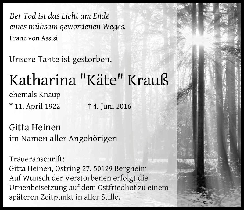  Traueranzeige für Katharina Krauß vom 25.06.2016 aus Kölner Stadt-Anzeiger / Kölnische Rundschau / Express