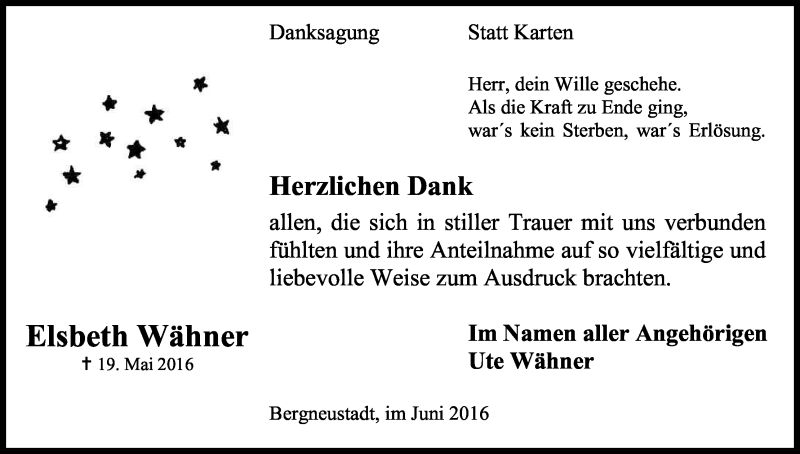  Traueranzeige für Elsbeth Wähner vom 25.06.2016 aus Kölner Stadt-Anzeiger / Kölnische Rundschau / Express