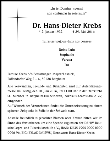 Anzeige von Hans-Dieter  Krebs von Kölner Stadt-Anzeiger / Kölnische Rundschau / Express