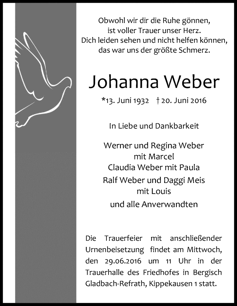  Traueranzeige für Johanna Weber vom 25.06.2016 aus Kölner Stadt-Anzeiger / Kölnische Rundschau / Express