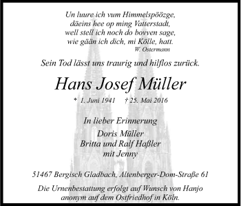 Anzeige von Hans Josef Müller von Kölner Stadt-Anzeiger / Kölnische Rundschau / Express