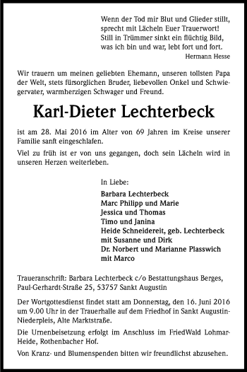 Anzeige von Karl-Dieter Lechterbeck von Kölner Stadt-Anzeiger / Kölnische Rundschau / Express
