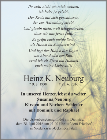 Anzeige von Heinz K. Neuburg von  Rhein-Sieg-Wochenende 